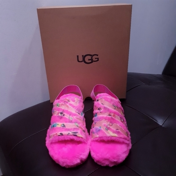 Ugg Fluff Yeah Tiger Flower Bright Pink Slingback Slip-on Slipper Womens US 11 - Picture 11 of 16